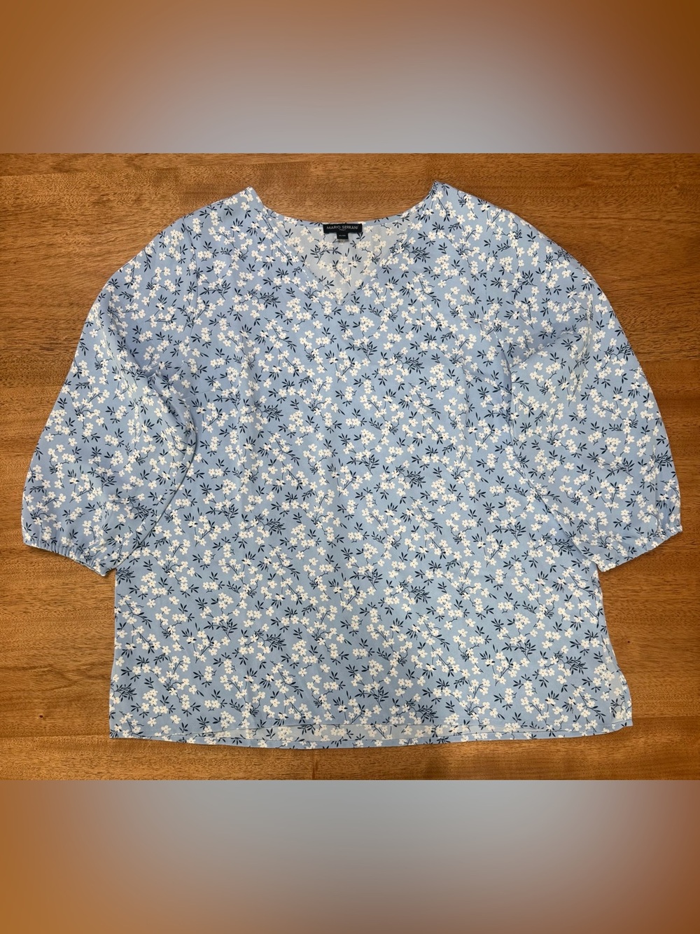 Mario Serrani Italy - Women’s Long Sleeve V-Neck Blouse | Blue Floral | Size XL